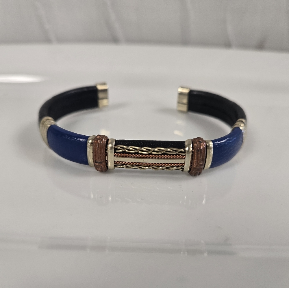 Blue Leather & Braided Copper Adjustable Cuff Bracelet By HPSliver